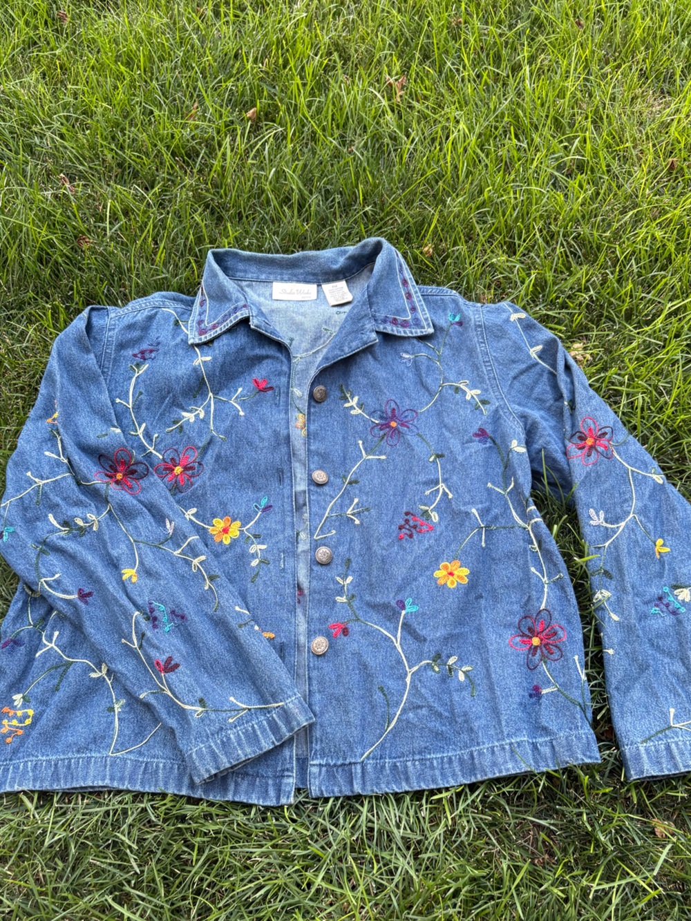 Vintage Studio Works Blue Denim Jacket with Multicolor Floral Embroidery